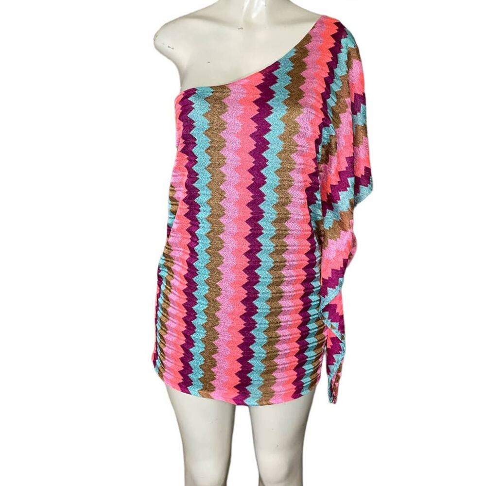 Karina Grimaldi Wilhelmina Mini Dress One Shoulder Neon Knit Stripe Size Large
